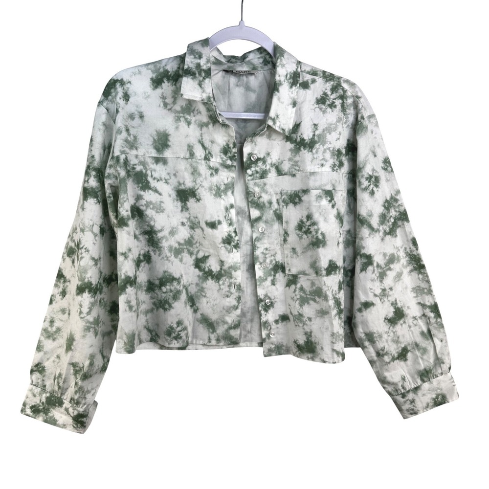 Bare Womens Light Green Tie Dye Cropped Button Down Shirt Long Sleeve Cotton M